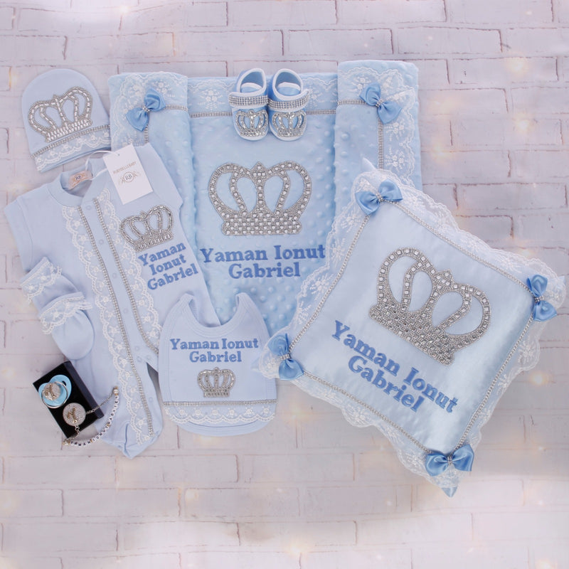 9pcs HRH Crown Bling Newborn Baby Boy Clothing Set - Light Blue