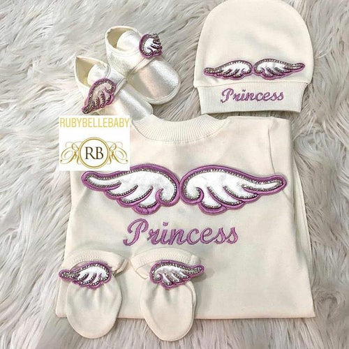 4pcs Embroidery Angel Wings Princess Set - Lavender - RUBYBELLEBABY