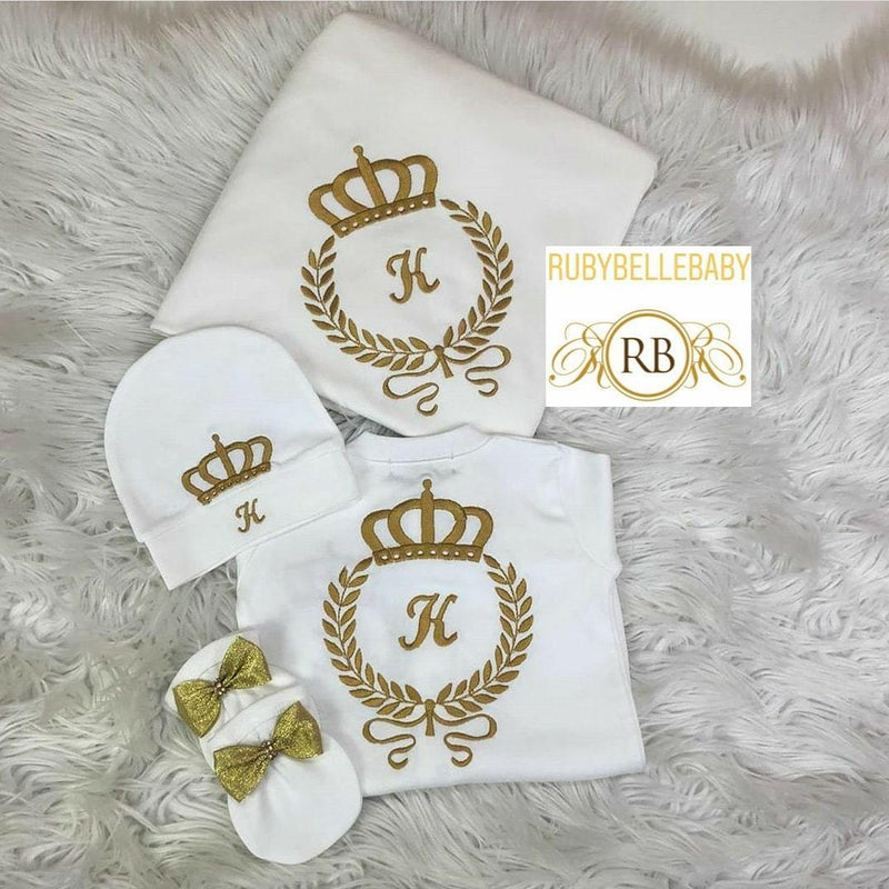 4pcs Baby Boy Prince Embriodery Set - Gold - RUBYBELLEBABY
