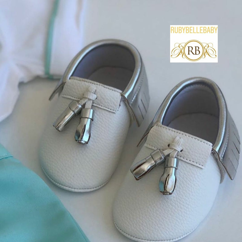 Baby Boy Moccasins Shoe Set - White/Grey