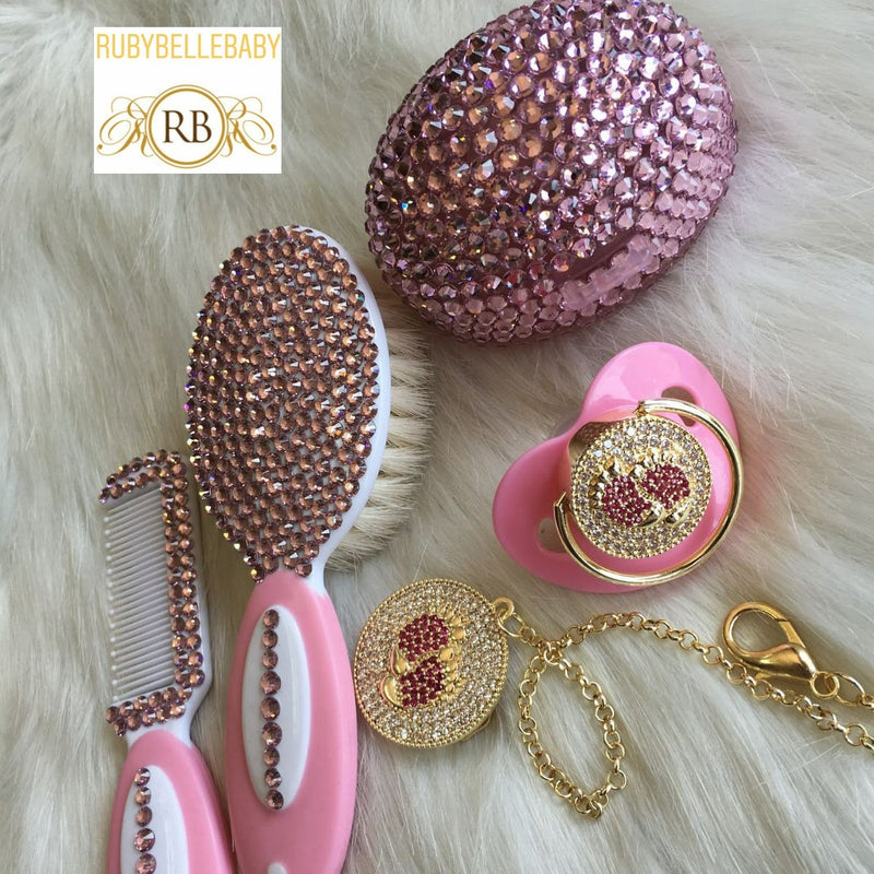 5pcs Luxury Pacifier and Baby Hair Brush Set - Pink