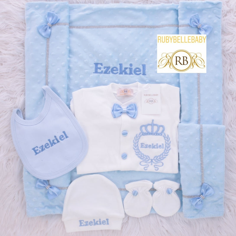 5pcs Newborn Baby Boy Blanket Set - White/Light Blue