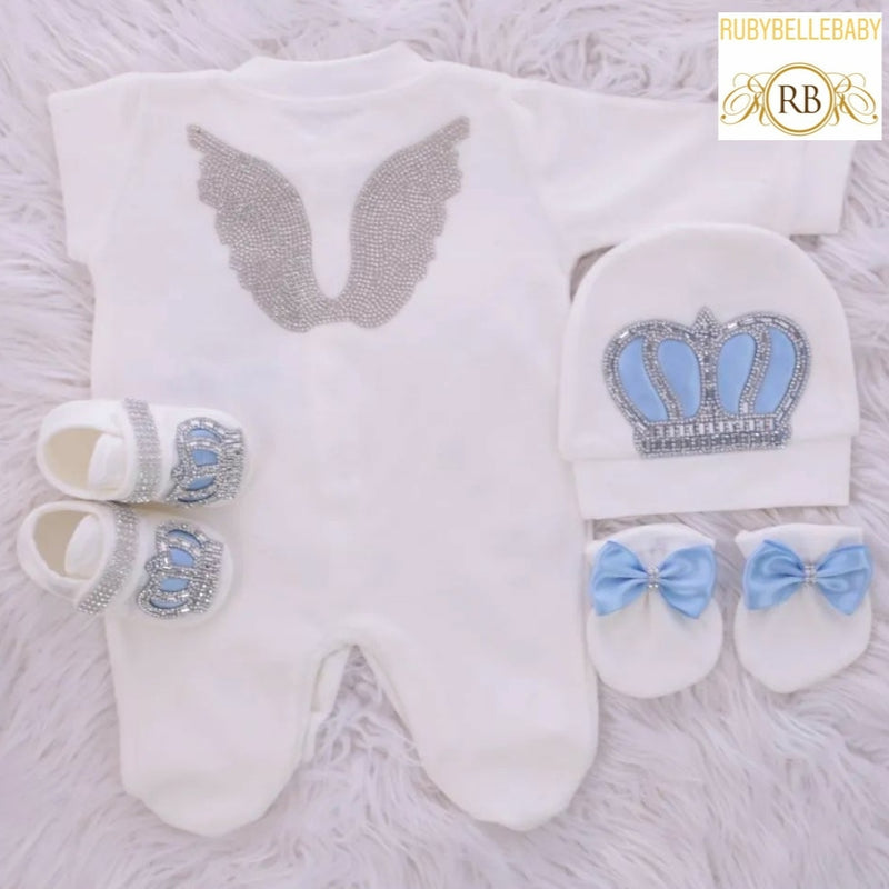 4pcs Baby Boy Crown and Wings Set - White/Blue