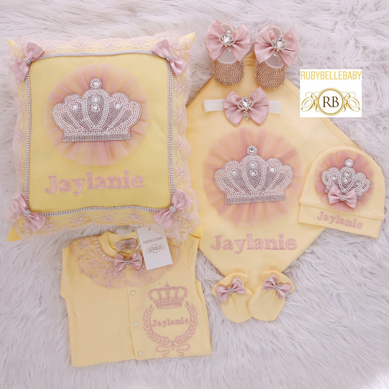 6pcs Jeweled Set Bling Baby Girl Outfit - Yellow/Blush