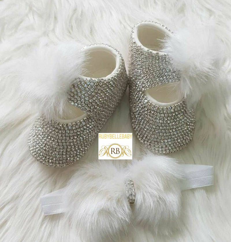 Handmade Fur Baby Bling Shoes - White - RUBYBELLEBABY