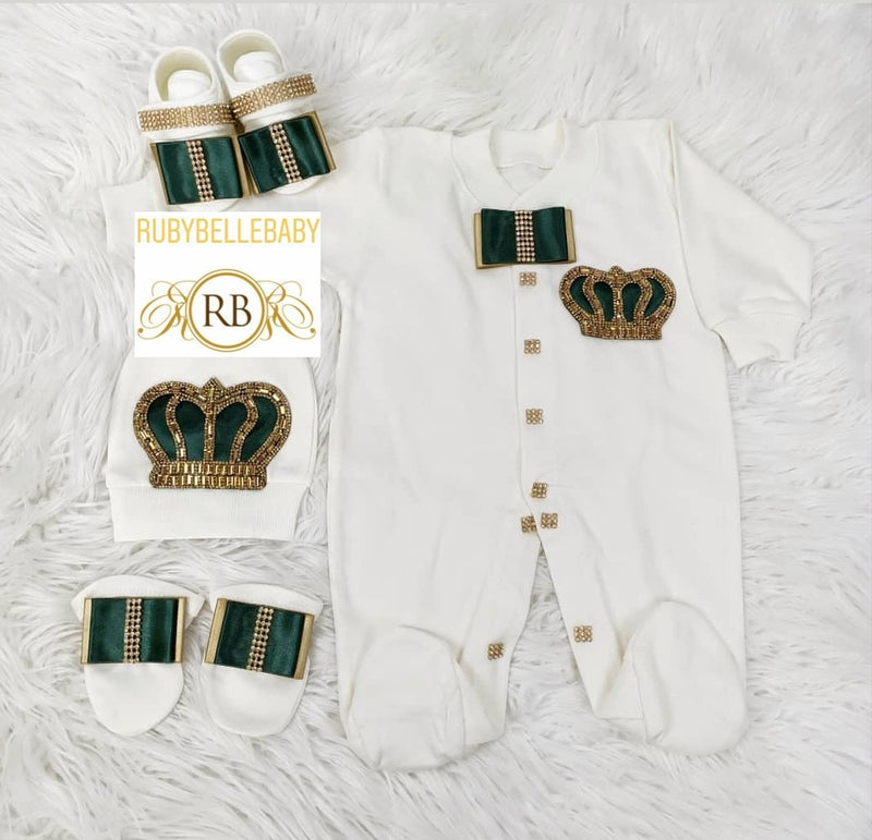 4pcs Prince Square Bow Set Emerald Green and Gold - RUBYBELLEBABY
