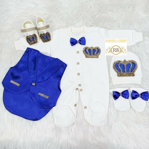 5pcs Baby Prince Tux Set - Royal Blue and Gold - RUBYBELLEBABY