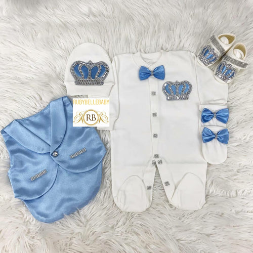 5pcs Baby Prince Tux Set - Light Blue and Silver - RUBYBELLEBABY
