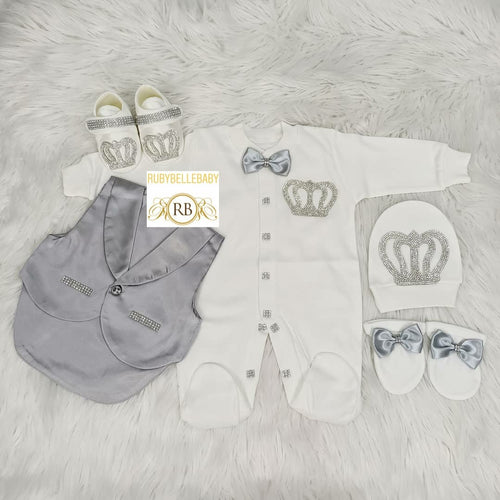 5pcs Baby Prince Tux Set - Grey - RUBYBELLEBABY