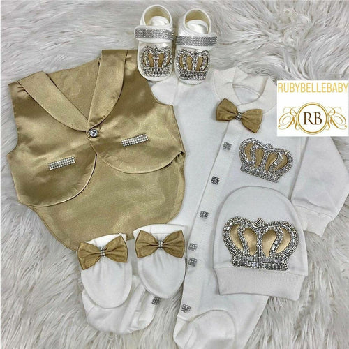 5pcs Baby Prince Tux Set -Gold - RUBYBELLEBABY