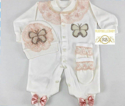 3pcs Laced Butterfly Princess Set - Blush - RUBYBELLEBABY