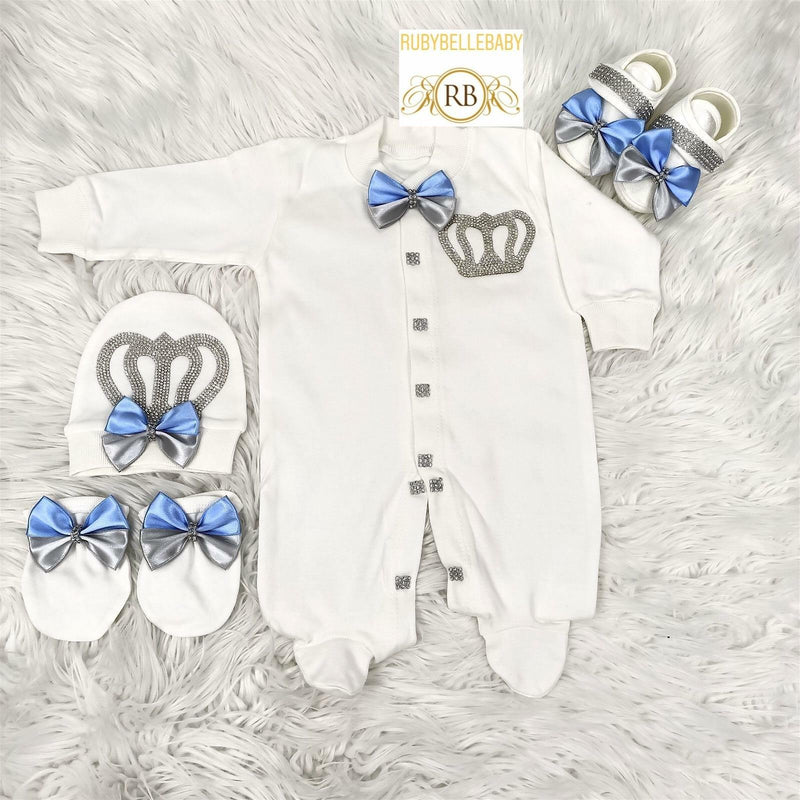 4pcs Double Bow Prince Set Blue and Grey - RUBYBELLEBABY