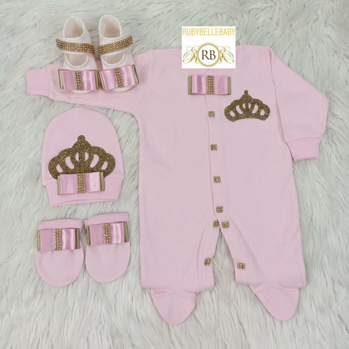 4pcs Double Bow Princess Set Pink - RUBYBELLEBABY