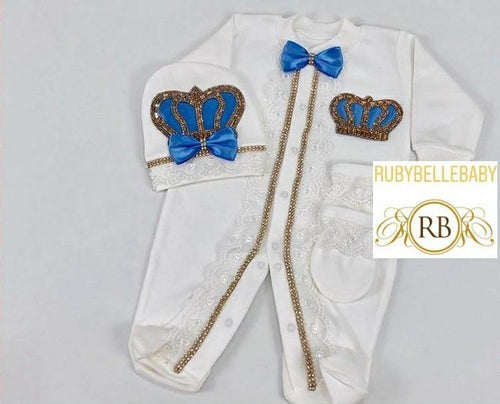 3pcs Laced Prince Set Torquoise Blue and Gold - RUBYBELLEBABY