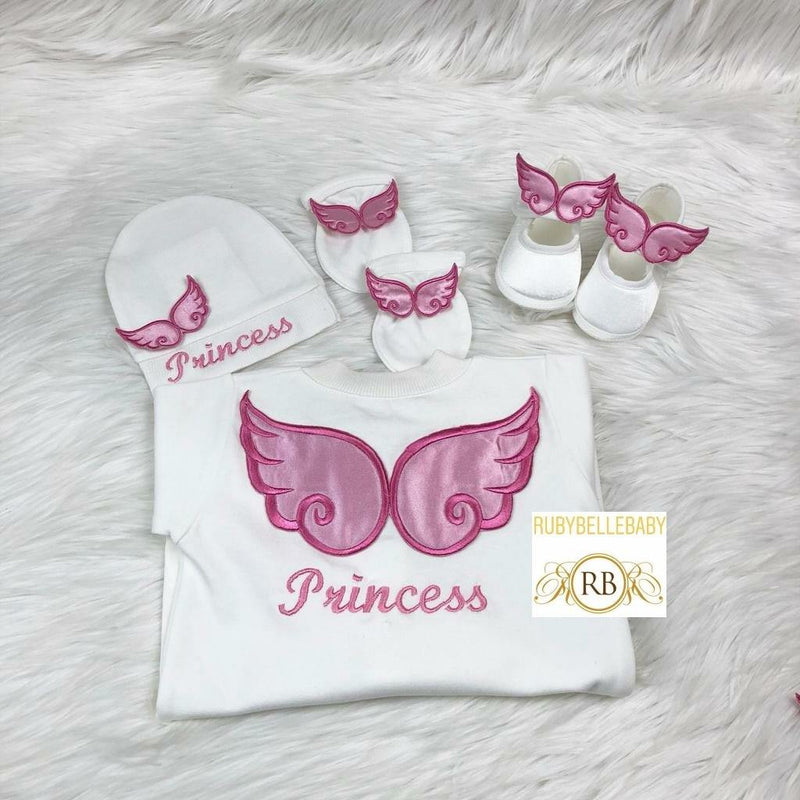 4pcs Angel Wings Embriodery Princess Set - Pink - RUBYBELLEBABY