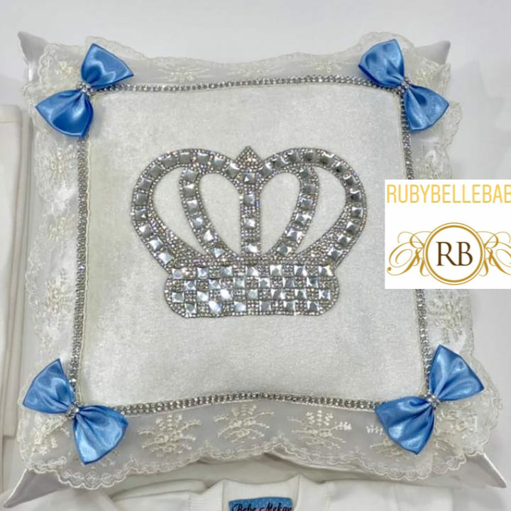 HRH Crown Baby Pillow - White/Blue