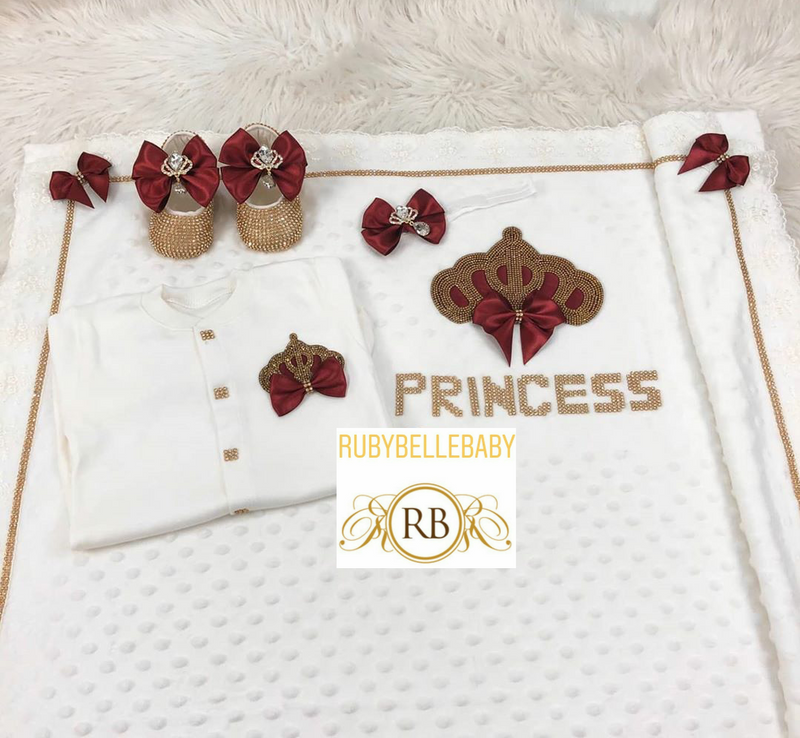 4pcs Princess Crown Blanket Set - Burgundy/Gold - RUBYBELLEBABY