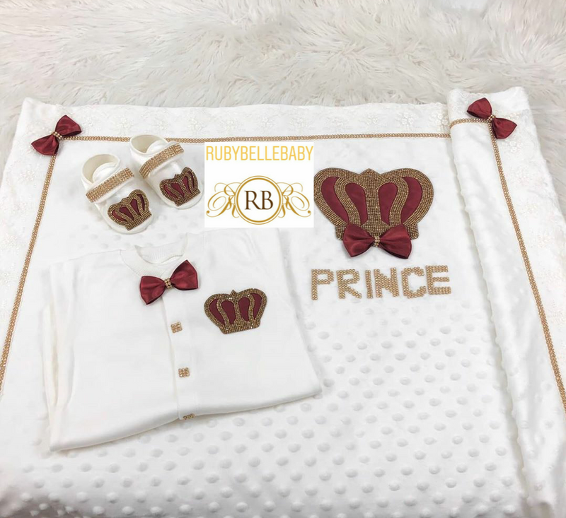 4pcs Royal Crown Blanket Set - Burgundy/Gold - RUBYBELLEBABY