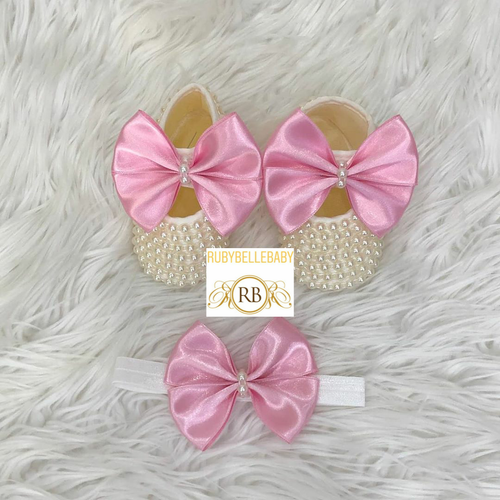 Kate Beaded Bow Shoes + Hairband - Pink - RUBYBELLEBABY