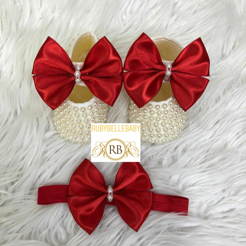 Kate Beaded Bow Shoes + Hairband - Red - RUBYBELLEBABY