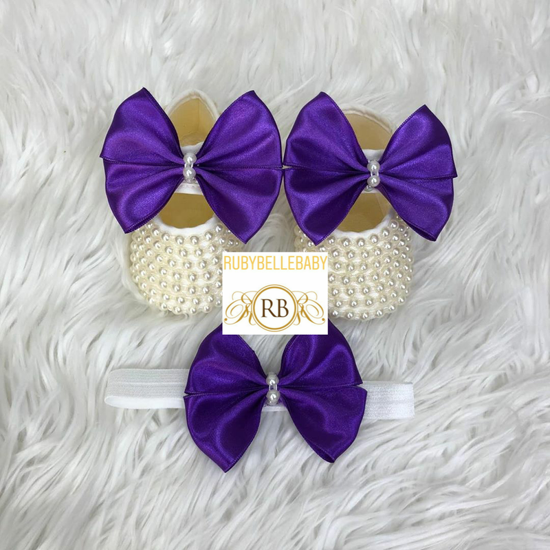 Kate Beaded Bow Shoes + Hairband - Purple - RUBYBELLEBABY