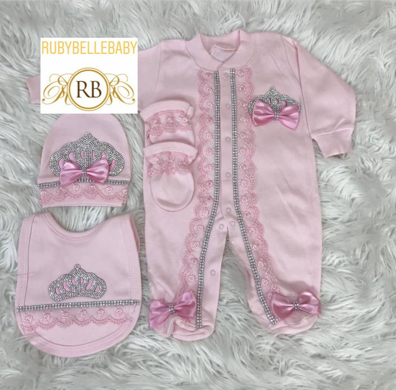 4pcs Princess Crown Bib Set - Pink - RUBYBELLEBABY