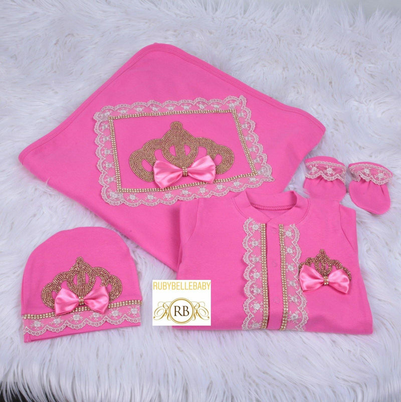 4pcs Princess Crown Blanket Set - Pink/Gold - RUBYBELLEBABY
