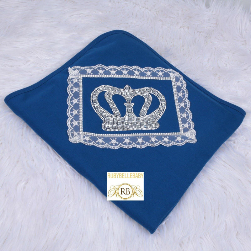 HRH Crown Receiving Blanket - Navy Blue/Silver - RUBYBELLEBABY