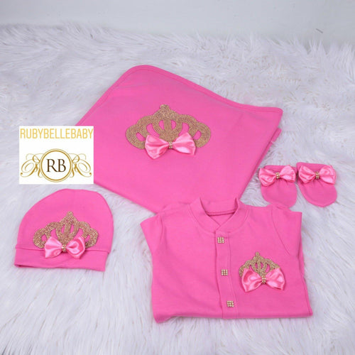 4pcs Princess Crown Blanket Set - Pink/Gold - RUBYBELLEBABY