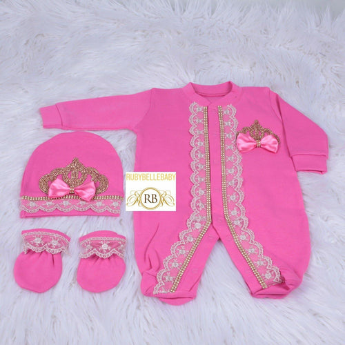 3pcs Princess Crown Set - Hot Pink/Gold - RUBYBELLEBABY