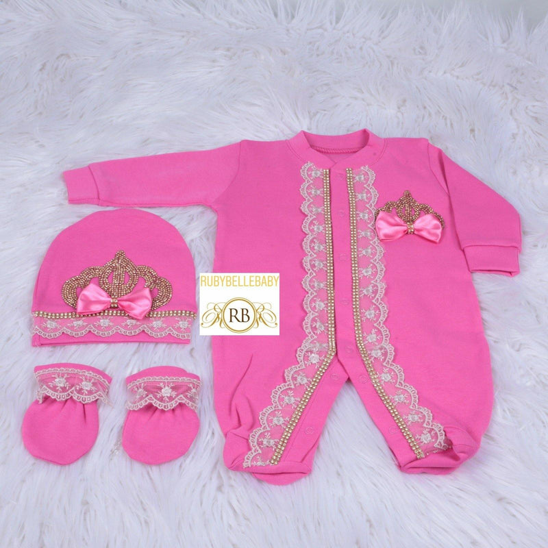 3pcs Princess Crown Set - Hot Pink/Gold - RUBYBELLEBABY