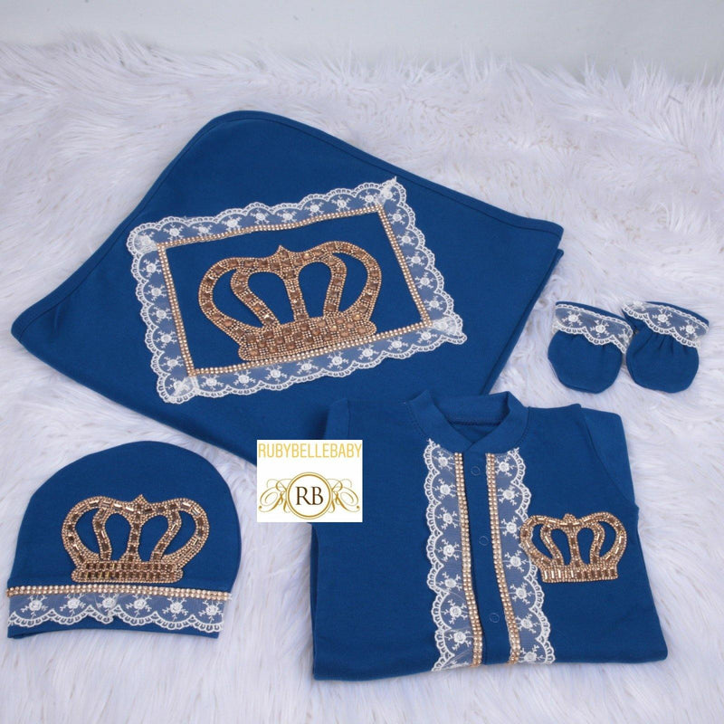 4pcs HRH Crown Blanket Set - Navy Blue/Gold - RUBYBELLEBABY
