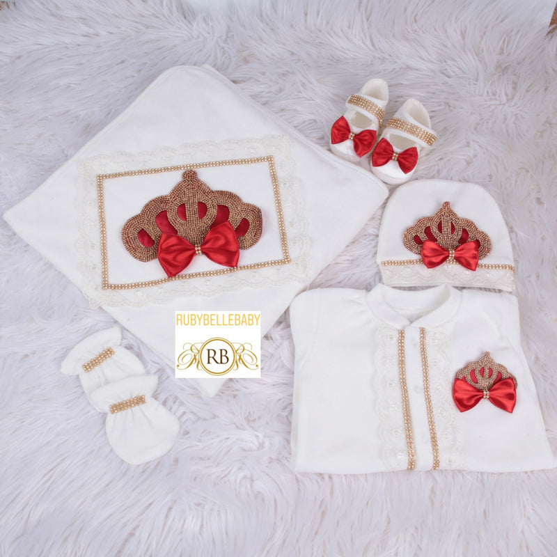 5pcs Princess Crown Velvet Set - Red/Gold