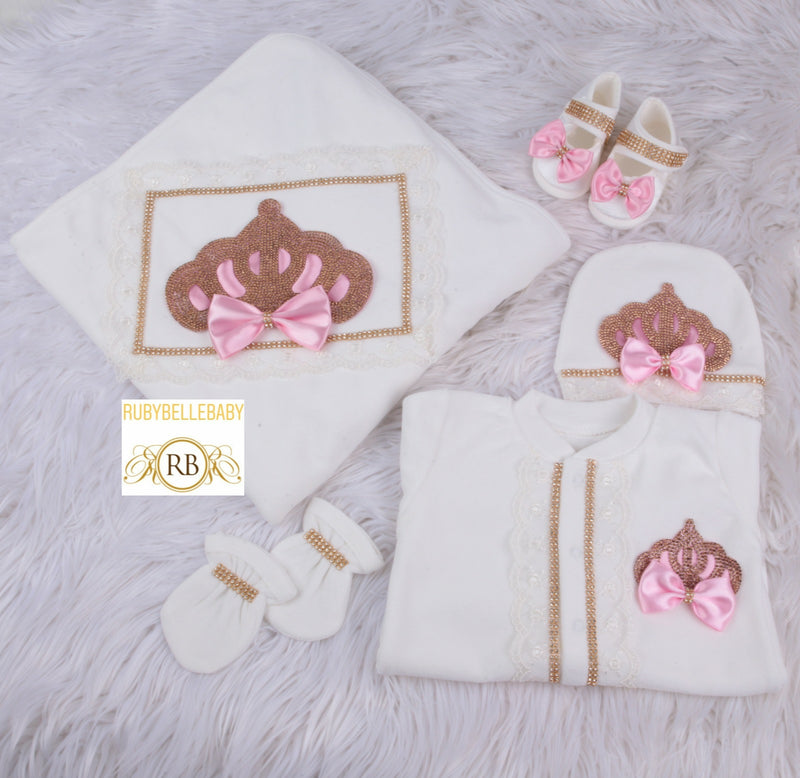 5pcs Princess Crown Velvet Set - Pink/Gold