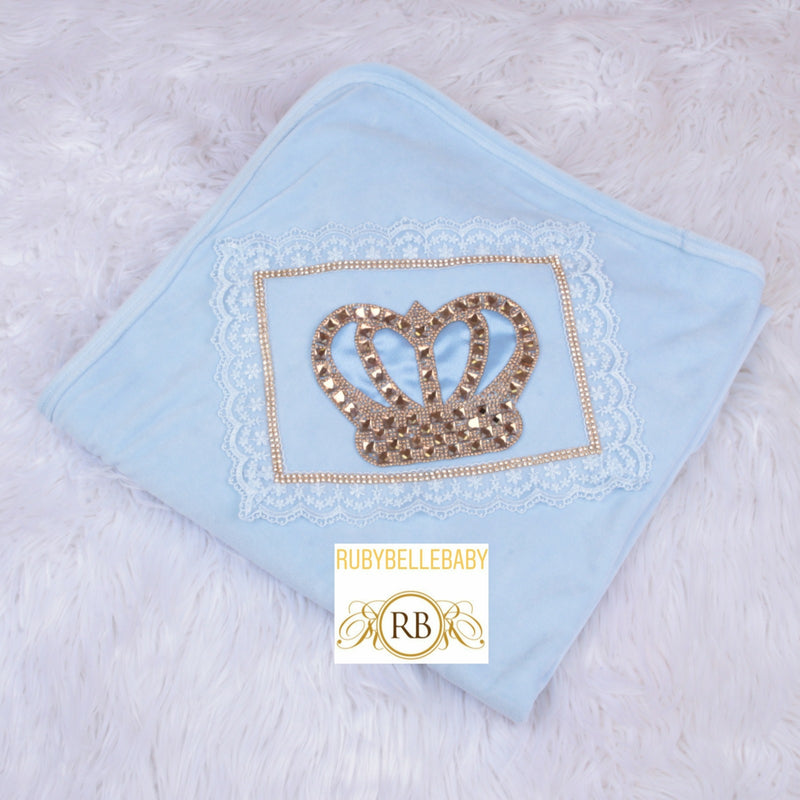 HRH Crown Bling Baby Velvet Blanket - Blue