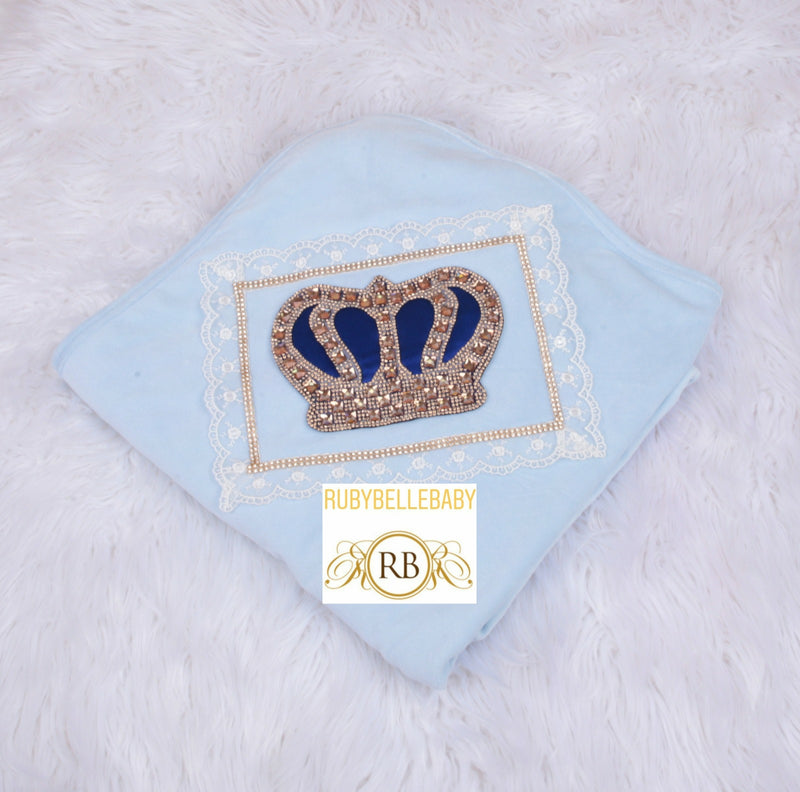 HRH Crown Bling Baby Velvet Blanket - Blue/Gold