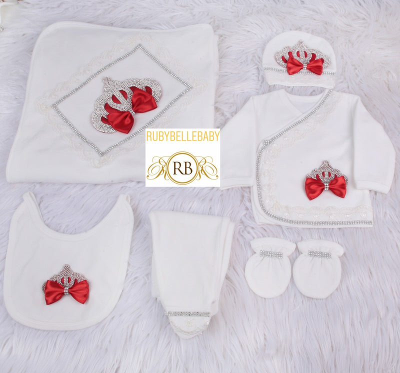 5pcs Newborn Baby Girl Princess Crown Velvet Set - Red/Silver