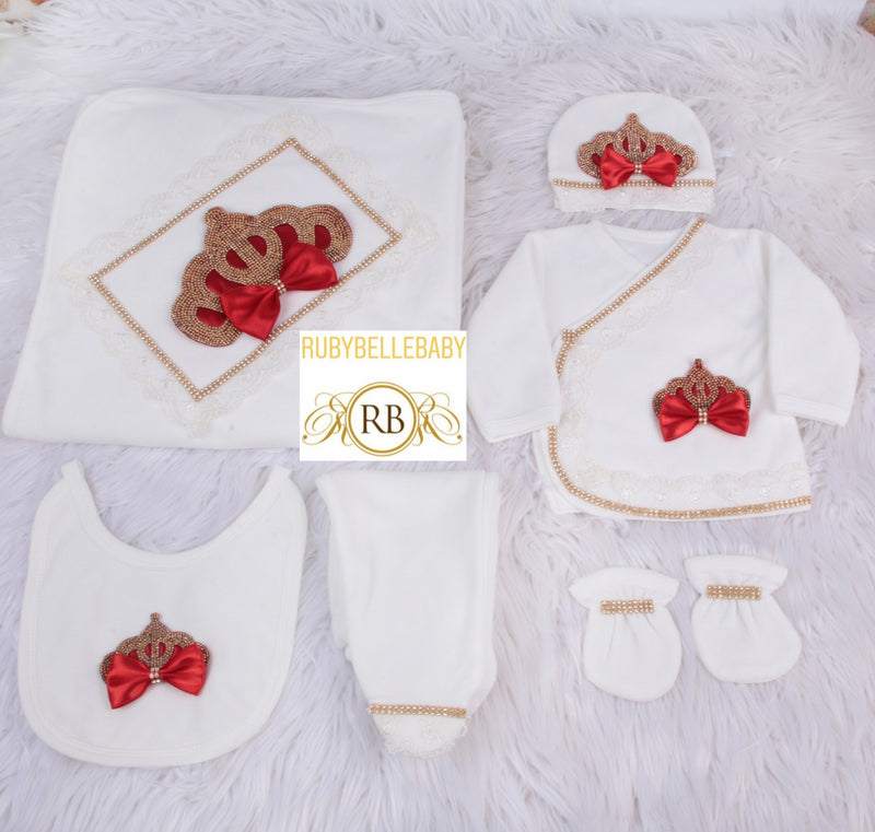6pcs Newborn Baby Girl Princess Crown Velvet Set - Red/Gold