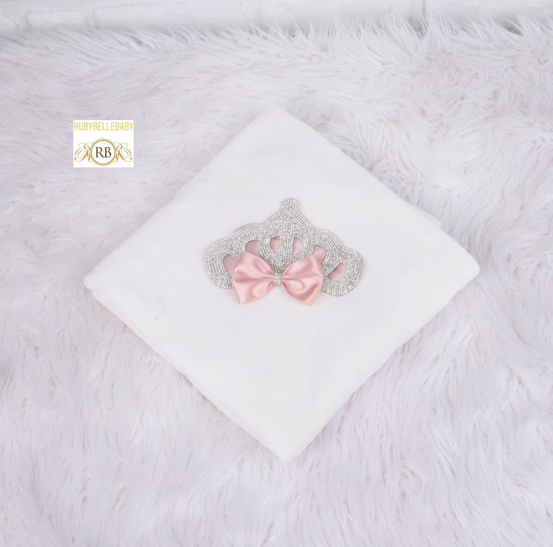 Princess Crown Bling Baby Velvet Blanket - White/Blush