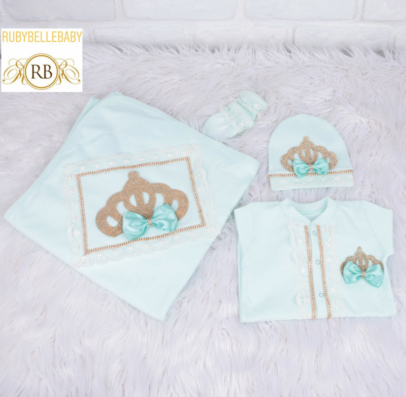 4pcs Princess Crown Blanket Set - Mint Green/Gold