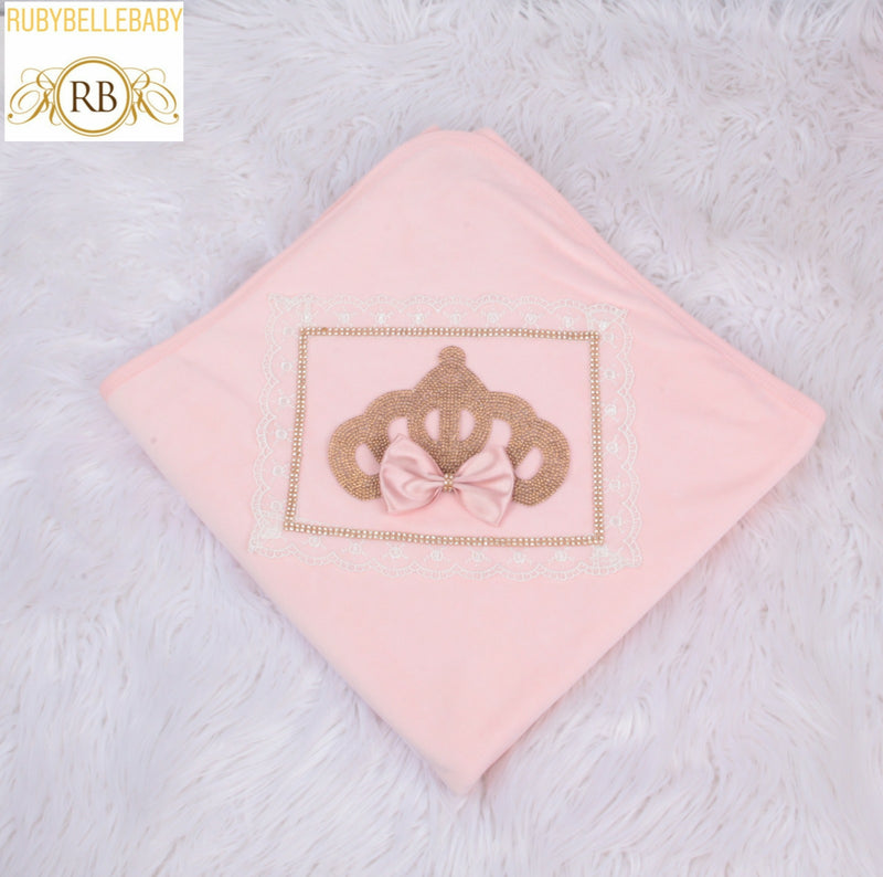 Princess Crown Lace Velvet Blanket - Light Pink/Gold
