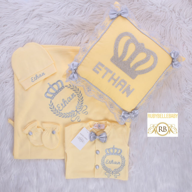 5pcs Embriodery Crown Blanket Set - Yellow/Grey