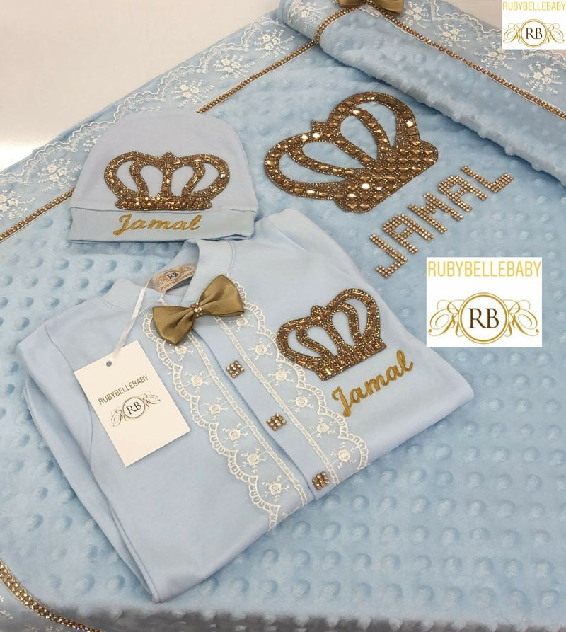3pcs HRH Crown Blanket Set - Royal/ Gold