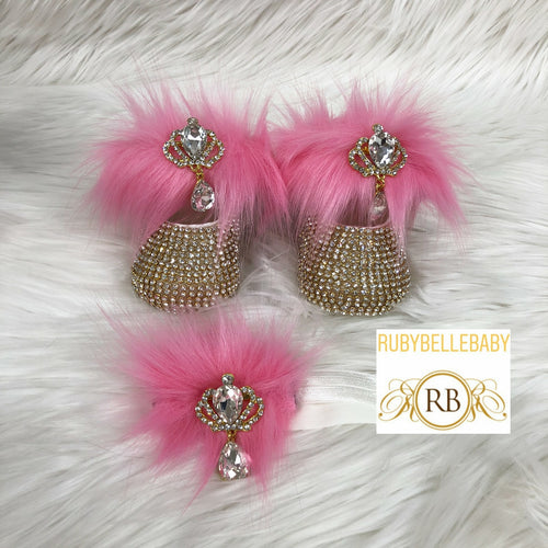 Carina Swarvoski Fur Shoe Set - Pink/Gold