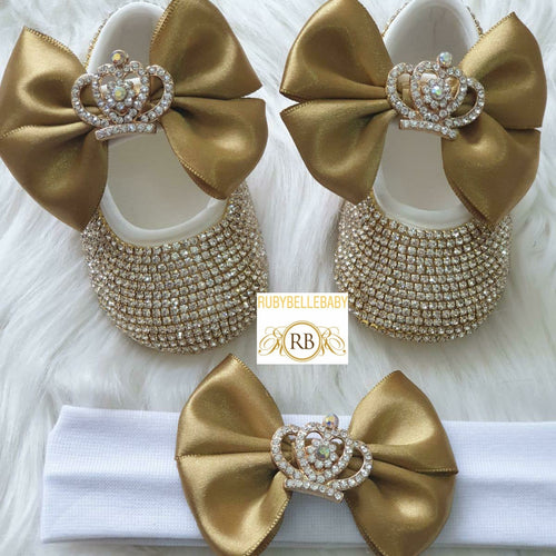 Bling Baby Crown Shoe Set - Gold - RUBYBELLEBABY