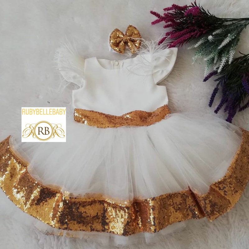 Brielle Infant Dress - White/Gold RUBYBELLEBABY Brielle Infant Dress - White/Gold RUBYBELLEBABY