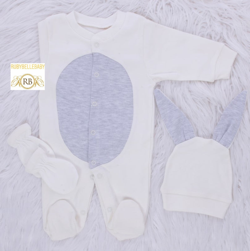 3pcs Easter Bunny Baby Romper Set - White/Grey
