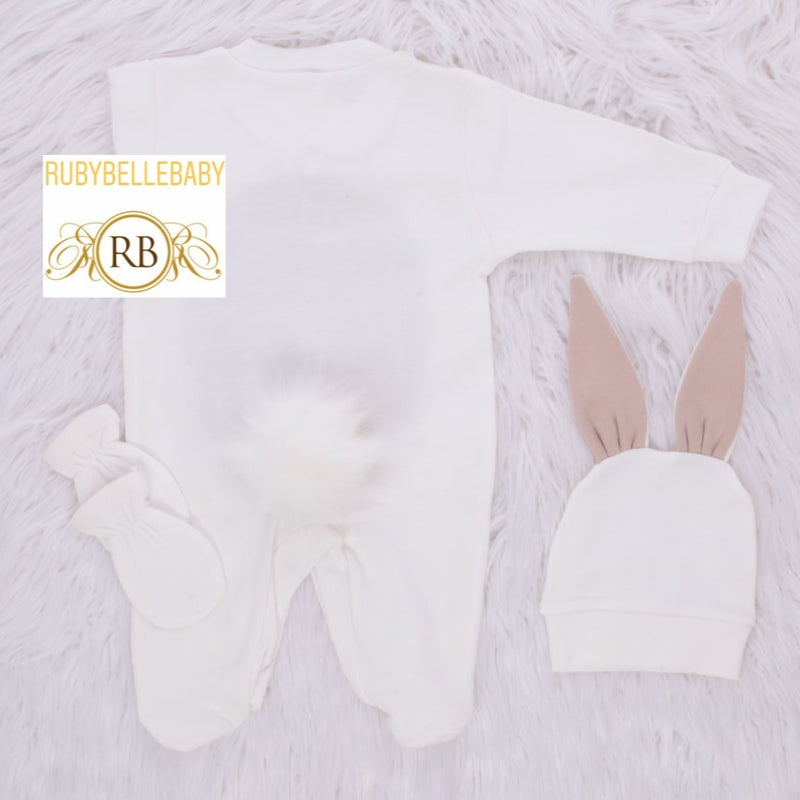 3pcs Easter Bunny Baby Romper Set - White/Brown