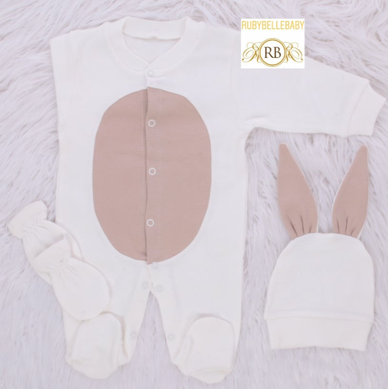 3pcs Easter Bunny Baby Romper Set - White/Brown