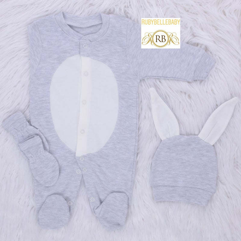3pcs Easter Bunny Baby Romper Set - Grey